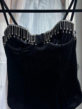 Forever 21 Women's Black Velvet Rhinestone Western Cowgirl Bodysuit Size Small